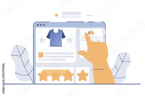 A digital illustration depicting an e-commerce website on a tablet interface, with a hand pointing to a product and a rating system.