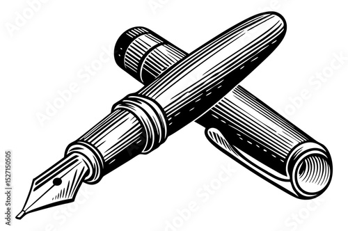 A black and white woodcut-style illustration of an open fountain pen with its cap resting beside it.