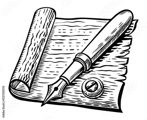 A black and white woodcut-style illustration of an open scroll or piece of parchment with text, accompanied by a fountain pen and a wax seal.