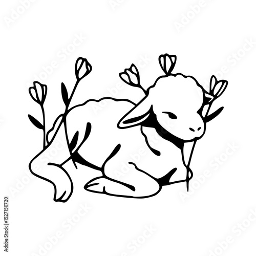 adorable lamb with woolly fleece line art drawing