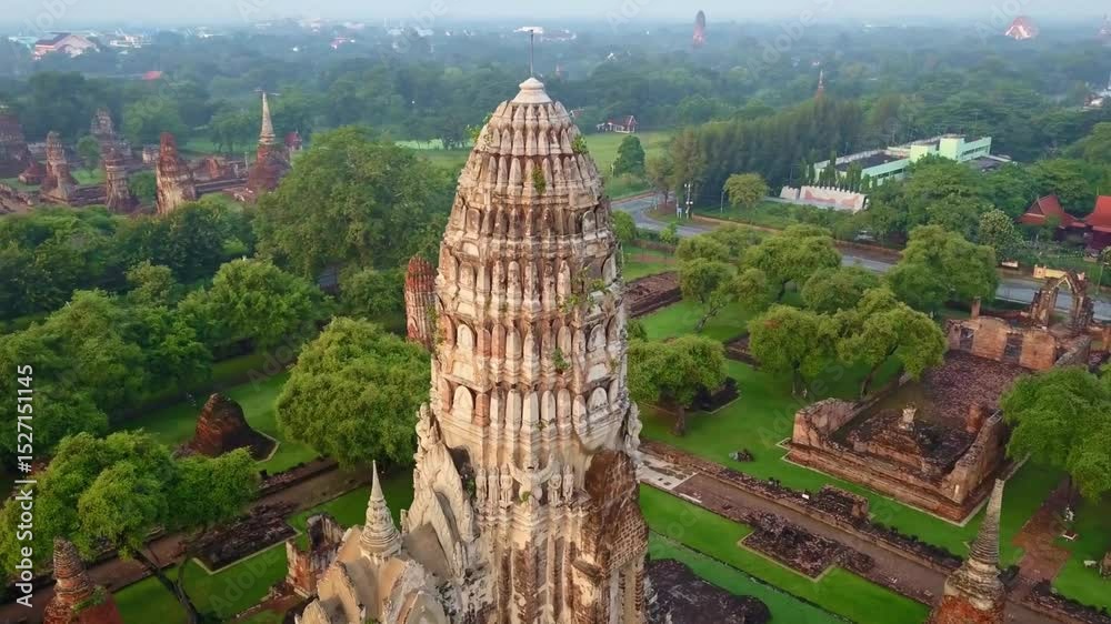 Aerial View of Ancient Temple Ruins in Ayutthaya Historical Park, Thailand