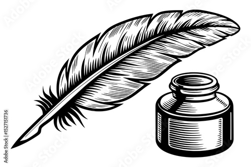 A classic black and white woodcut-style illustration featuring a quill pen resting beside an inkwell.