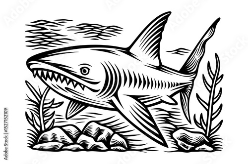 A black and white woodcut-style illustration of a large shark with sharp teeth, swimming amongst rocks and seaweed.