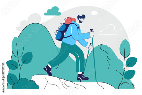A flat vector illustration depicts a man wearing a backpack and holding hiking poles, ascending a stylized green mountain landscape.