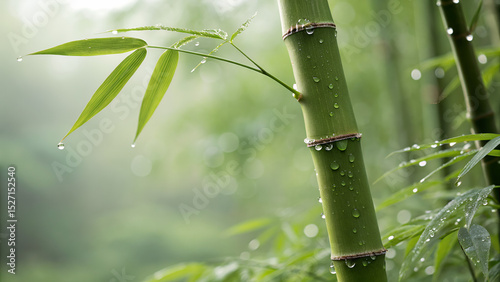Fresh green bamboo stalk and leaves adorned with sparkling raindrops