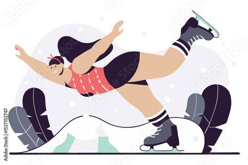 A vibrant flat illustration shows a figure skater in mid-fall, caught in a dynamic pose on an ice rink with stylized foliage.