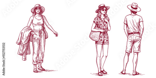 Vector People Set. Casual individuals standing and walking in summer attire. Casual clothes concept, for lifestyle, fashion design, advertising