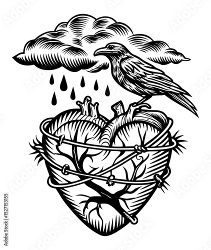 An anatomical heart, wrapped in barbed wire, is shown under a cloud raining upon it, with a crow perched on top.