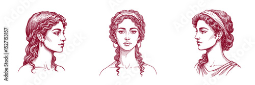 Unique Hairstyles Vector Collage. Women in profile view. Ancient beauty concept, person with a unique hairstyle. For design, history, fashion, illustration, cultural heritage