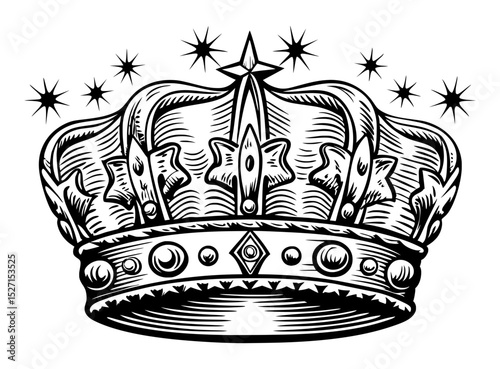 A detailed, black and white woodcut-style illustration of an ornate crown, adorned with jewels and radiating stars.