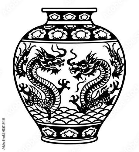 A black and white woodcut-style illustration of an ornate Chinese vase, adorned with two powerful dragons and traditional patterns.