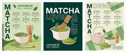 vector illustration of matcha green tea, cafe shop, background and banner template design, food and drink concept, poster and promotion	
