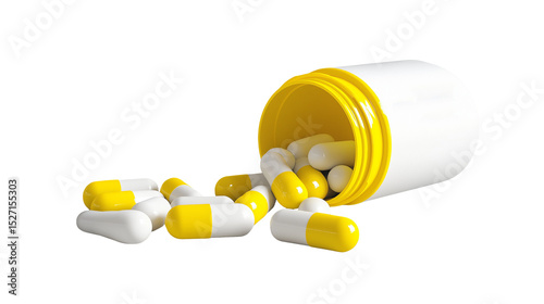 White and Yellow Capsules Spilled from Bottle on white and transparent Background