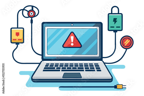 A laptop displaying a prominent red warning triangle, surrounded by various connected devices and cables symbolizing issues.