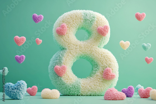 Fluffy number eight with pastel hearts decoration