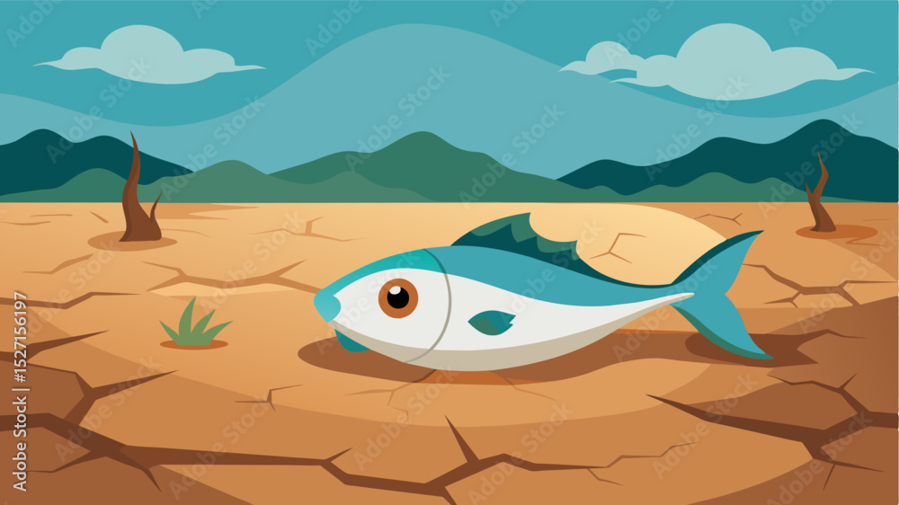 Naklejka premium A lone fish bellyup and motionless lies in a patch of cracked earth the last victim of a onceabundant river now plagued by water scarcity. The surrounding landscape mirrors its. Vector illustration