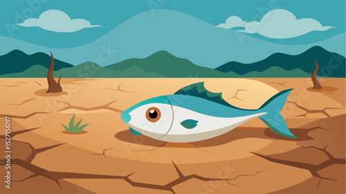 A lone fish bellyup and motionless lies in a patch of cracked earth the last victim of a onceabundant river now plagued by water scarcity. The surrounding landscape mirrors its. Vector illustration