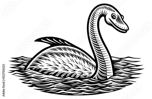 A black and white, woodcut-style illustration of a mythical sea creature with a long neck, resembling the Loch Ness Monster, emerging from water.