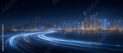 Night Cityscape  Modern Skyline  Light Trails  Waterfront