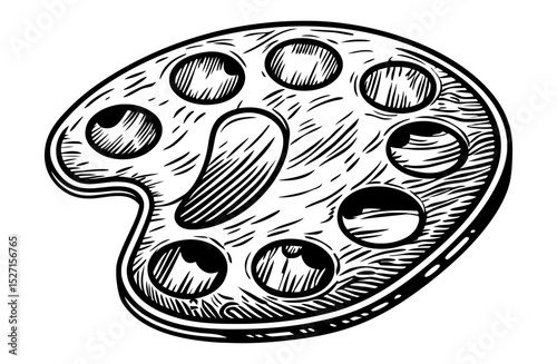 A black and white, hand-drawn illustration of an artist's wooden palette with various paint wells.