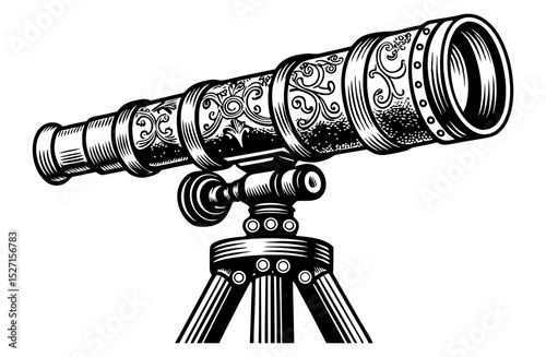 A finely detailed, vintage brass telescope with ornate engravings, resting on a tripod, rendered in a classic black and white illustration style.