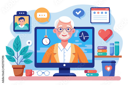 An elderly male doctor appears on a computer screen, surrounded by medical and communication icons, representing an online consultation or telehealth service.