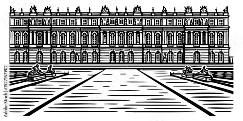Black and white linocut-style illustration of the Palace of Versailles, isolated object on transparent background, bold vintage lines.