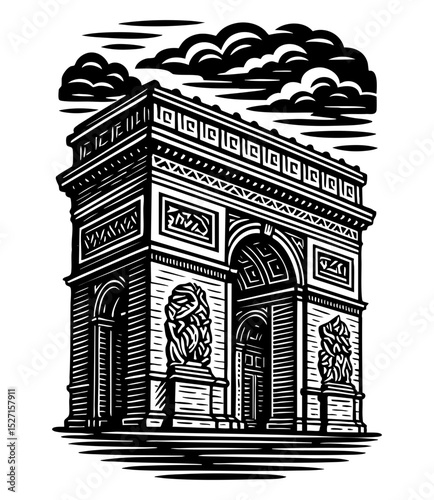 Black SVG linocut-style illustration of the Arc de Triomphe in Paris. Iconic French monument with bold lines and detailed engraving on a transparent background.

