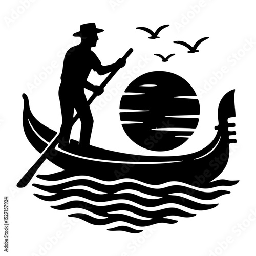 Black linocut-style SVG of Venice with iconic buildings and gondola, isolated on transparent background. Perfect for prints, travel designs, and city-themed stickers.

