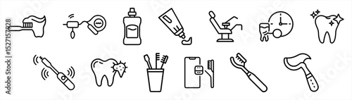 A diverse set of black and white line icons related to dental care, including toothbrushes, toothpaste, mouthwash, and dental tools.