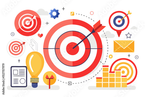An assortment of icons and graphics, dominated by a large target with an arrow hitting the bullseye, representing business goals, strategy, and successful outcomes.