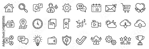 A set of line icons_ like home, search, user, settings, communication, calendar, mail, shopping, health, location, time, documents, cloud storage, networking, ideas, finance, security, and awards.
