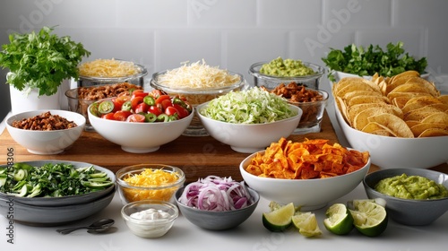 a taco bar setup with various fillings photo