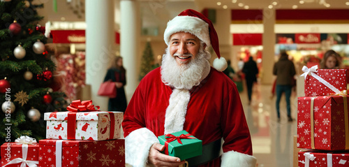 cheerful santa claus holding gift box in decorated shopping mall at christmas
