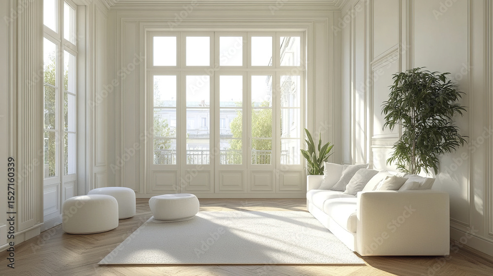 Fototapeta premium bright and airy contemporary living room featuring large windows, white sofa, and minimalist