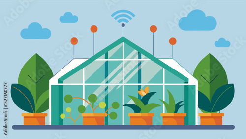 An image of a greenhouse with IoTenabled ventilation and cooling systems reducing energy consumption and providing a more comfortable environment for plants.. Vector illustration