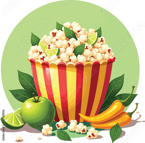 Colorful popcorn bucket with lime apple and peppers for snack or movie night illustration art