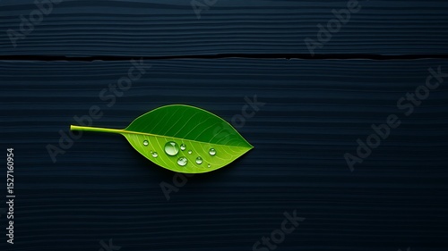 Fresh Green Leaf with Water Droplets on Dark Wood Background