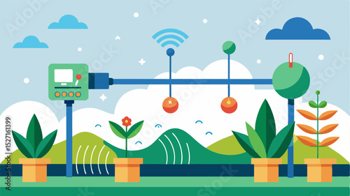 An irrigation system equipped with sensors and AI algorithms detecting soil moisture levels and automatically adjusting water flow for optimized crop growth.. Vector illustration