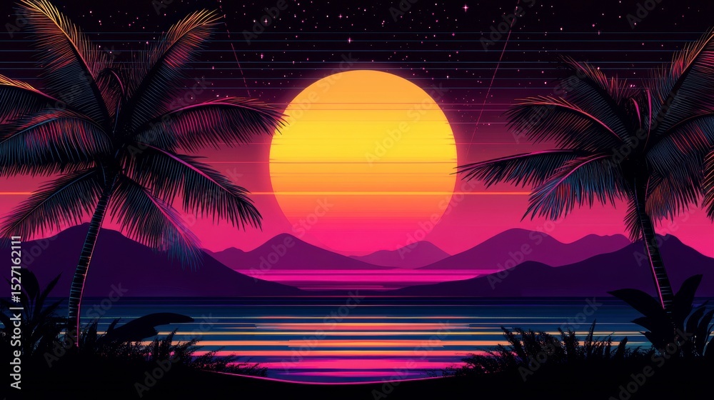 Naklejka premium Retro sunset scene with palm trees, mountains, and ocean.