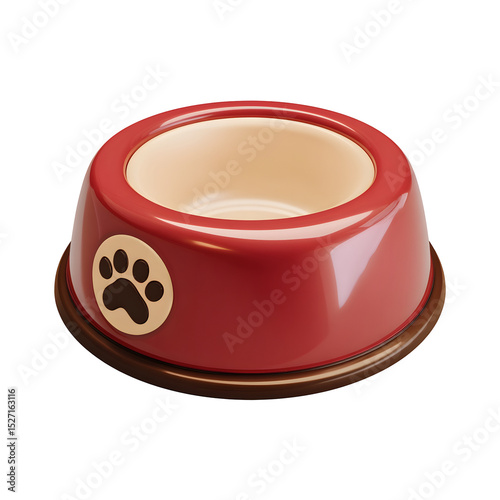 Vibrant red plastic pet food bowl with a brown paw print design on the front and a cream colored rim isolated on a plain background