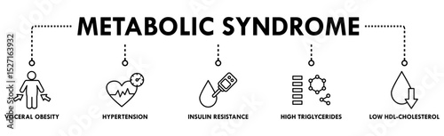 Symptoms of Metabolic Syndrome banner web icon vector illustration concept with an icon of Hypertension, Insulin Resistance, High Triglycerides, Low HDL-Cholesterol, Visceral Obesity