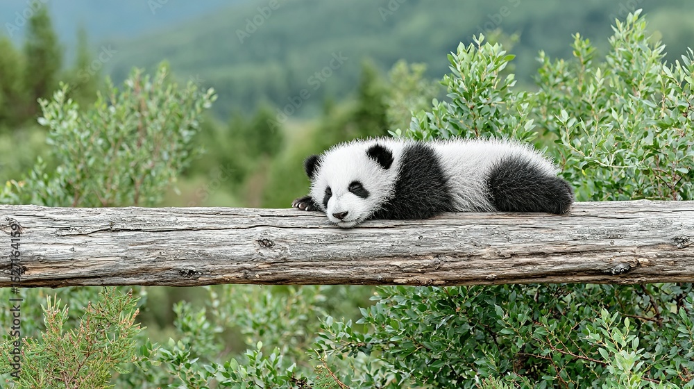 Fototapeta premium A sleepy panda cub rests peacefully on a log.