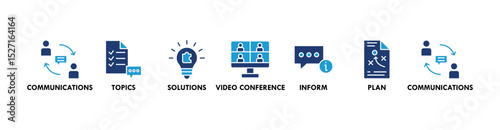 Meeting banner web icon vector illustration for business meeting and discussion with communications, topics, solutions, plan, inform and video conference icon