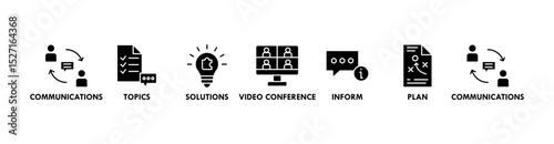 Meeting banner web icon vector illustration for business meeting and discussion with communications, topics, solutions, plan, inform and video conference icon