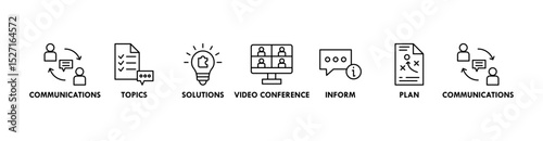 Meeting banner web icon vector illustration for business meeting and discussion with communications, topics, solutions, plan, inform and video conference icon