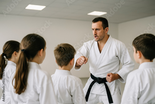 Martial arts instructor in white uniform teaching punching technique to children in dojo training session indoors