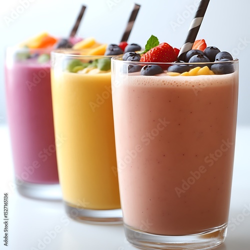 Three refreshing fruit smoothies in glasses with straws and fresh berries photo