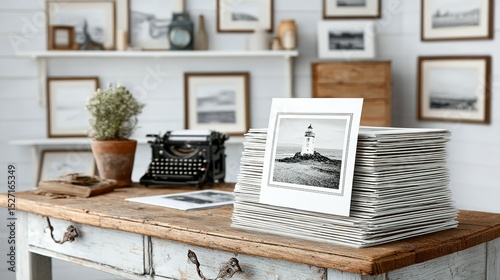 Black and white lighthouse print framed and stacked.