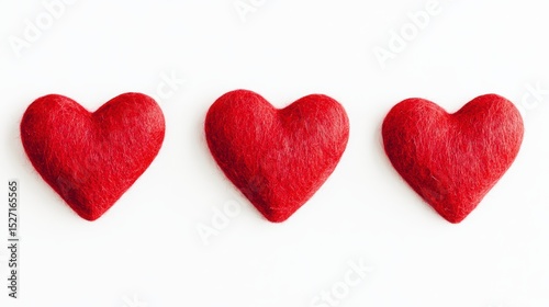 Three red felt hearts in a row on white background.